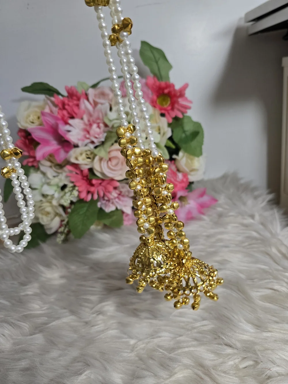 Gold & White Faux Pearl Kashmiri Paranda